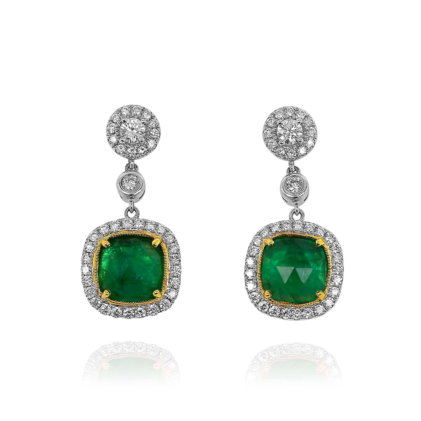 White and Yellow Gold Drop Earrings with Cushion Emeralds and Round Diamonds