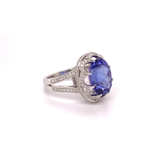 18K White Gold Oval Tanzanite and Round Diamond Ring -