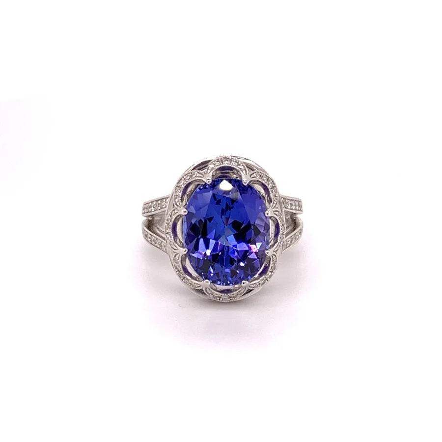 18K White Gold Oval Tanzanite and Round Diamond Ring -
