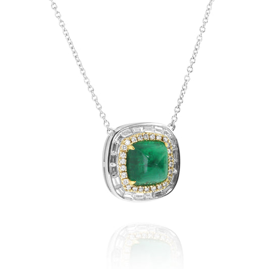 White and Yellow Gold Necklace with Cushion Emerald and Diamond Halo