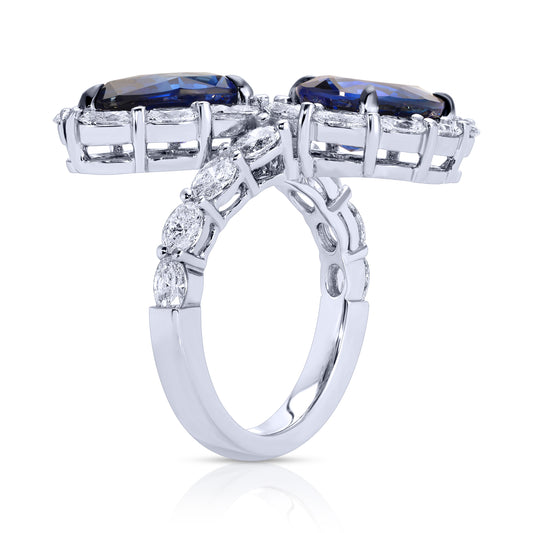 Pear Shape Blue Sapphire and Oval Cut Diamond Bypass Ring