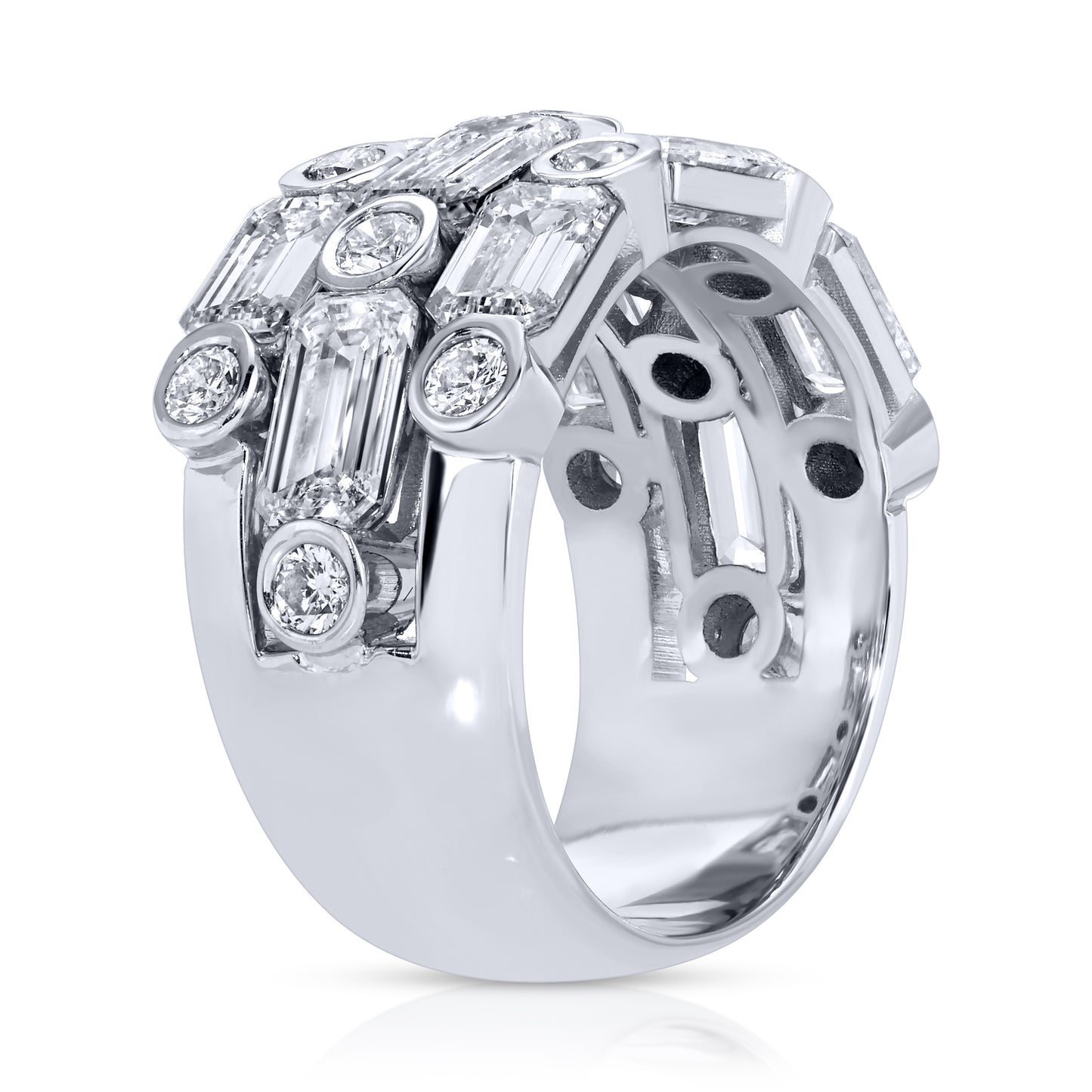Emerald Cut and Round Diamond Three Layer Ring