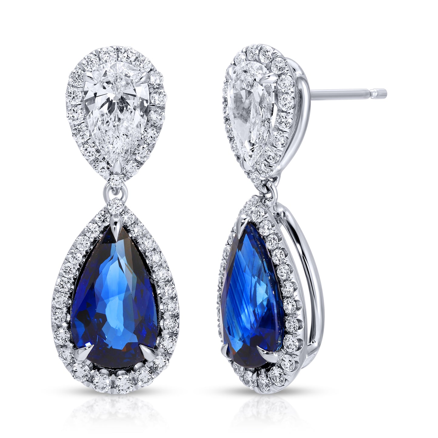 Pear Shape Blue Sapphire and Pear Shape Diamond Drop Earrings