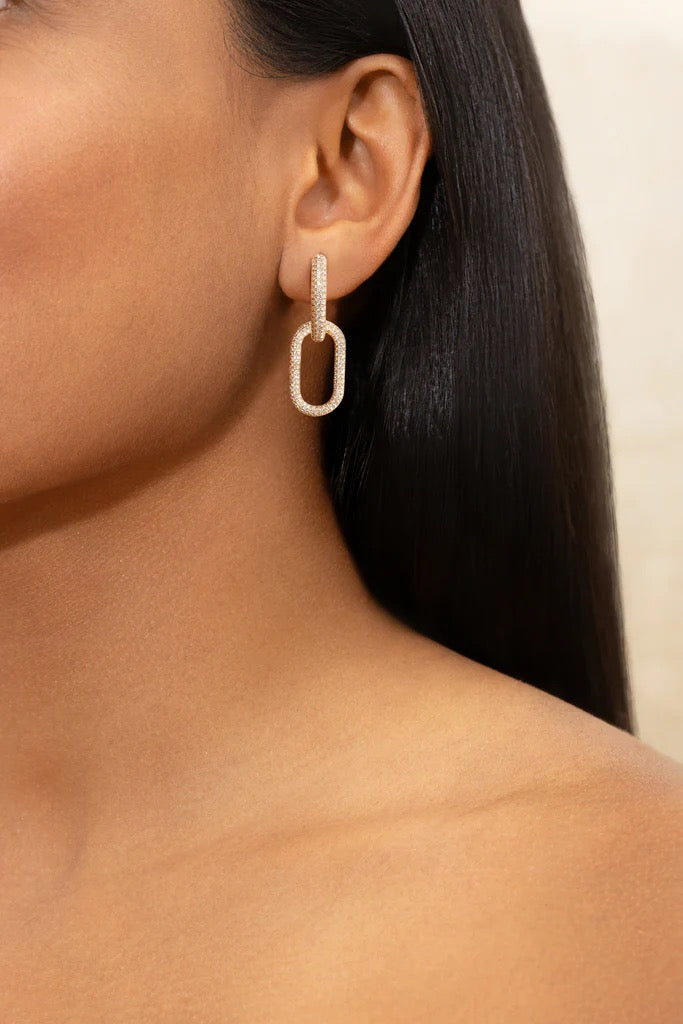 Rose Gold Full Diamond Pave Link Paperclip Earrings