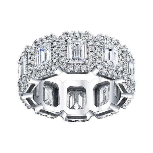 Emerald Cut Diamond Eternity Band with Pavé Halo