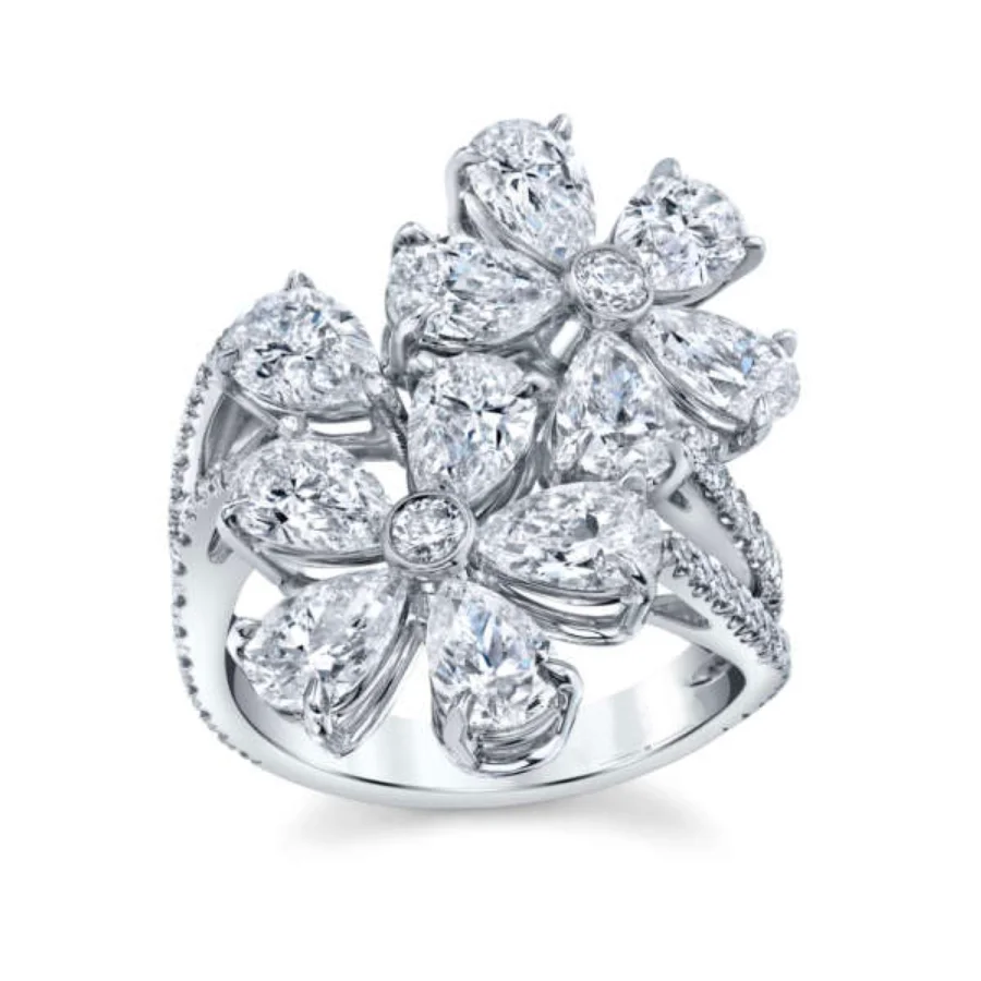 Flower Bouquet Pear Shaped Diamond Ring in 18K White Gold -