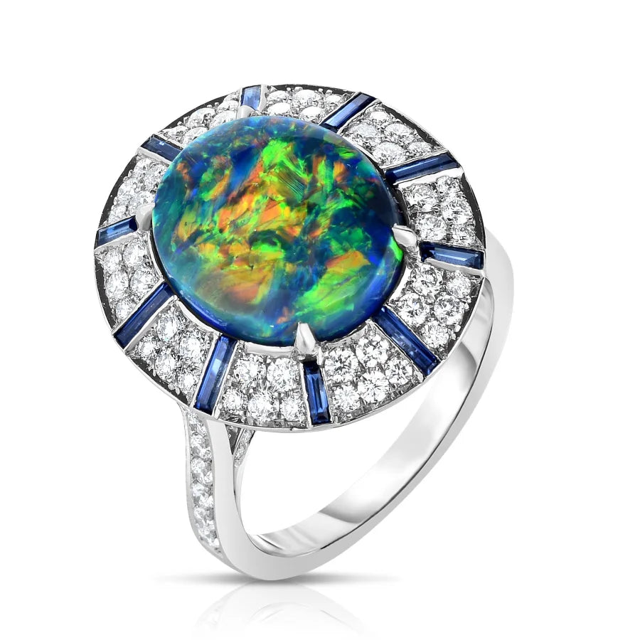 Platinum Opal Baguette Sapphire and Diamond Ring - women’s