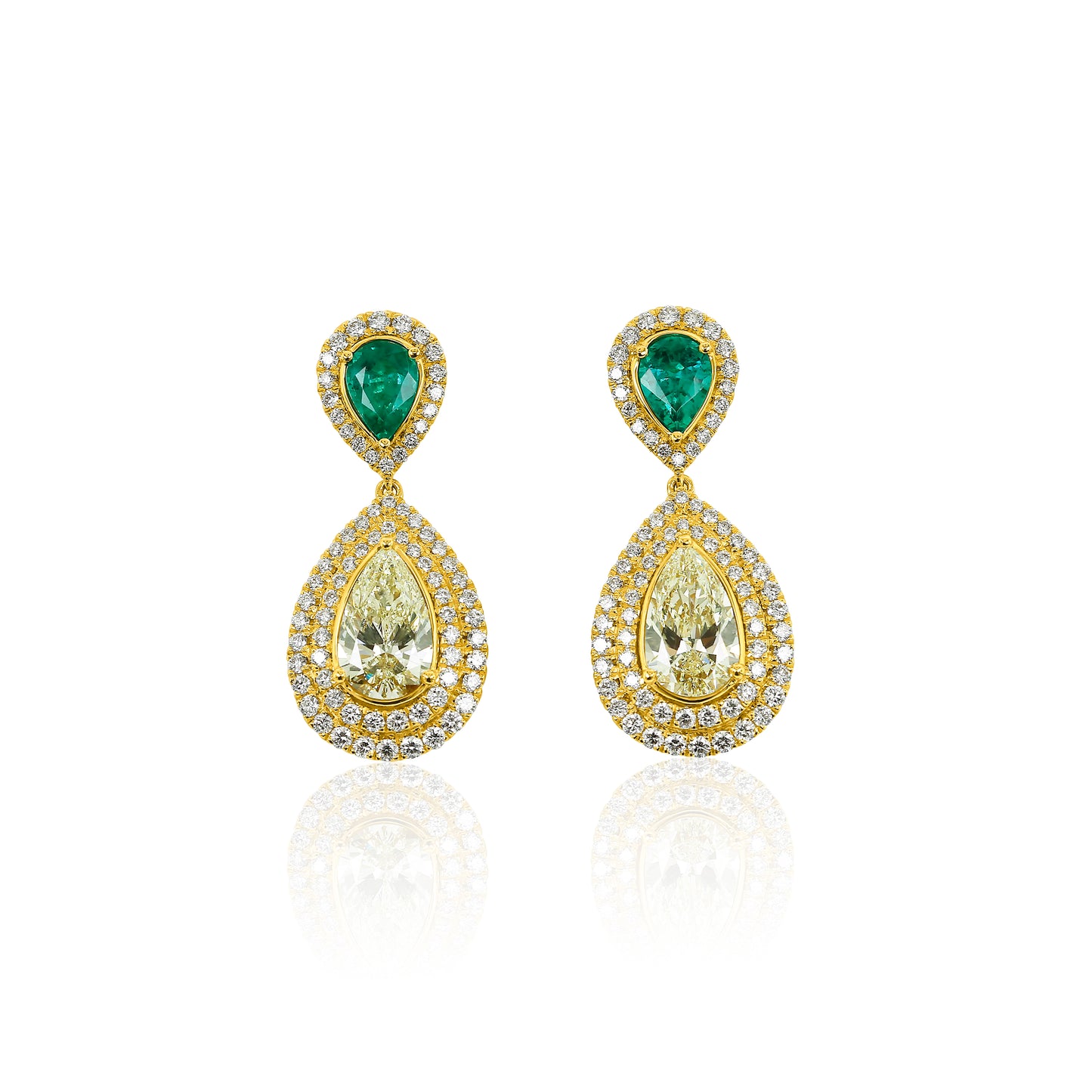 Yellow Gold Drop Earrings with Pear Shape Emeralds and Yellow Diamonds