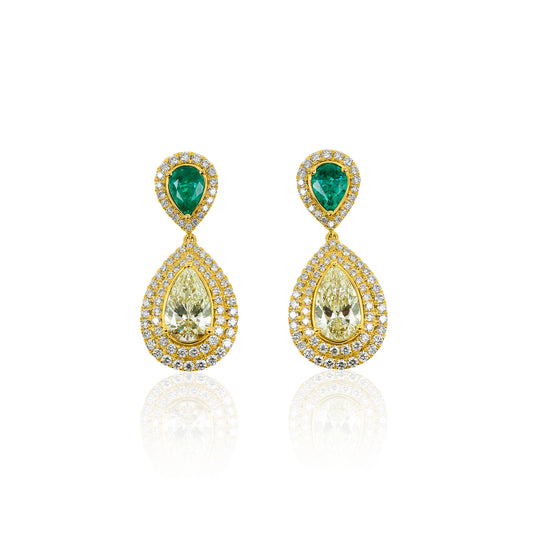 Yellow Gold Drop Earrings with Pear Shape Emeralds and Yellow Diamonds