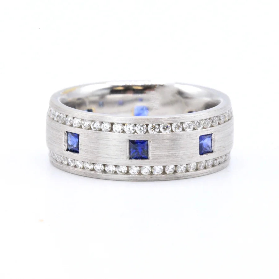 18K White Gold Brushed Finish Band with Sapphires