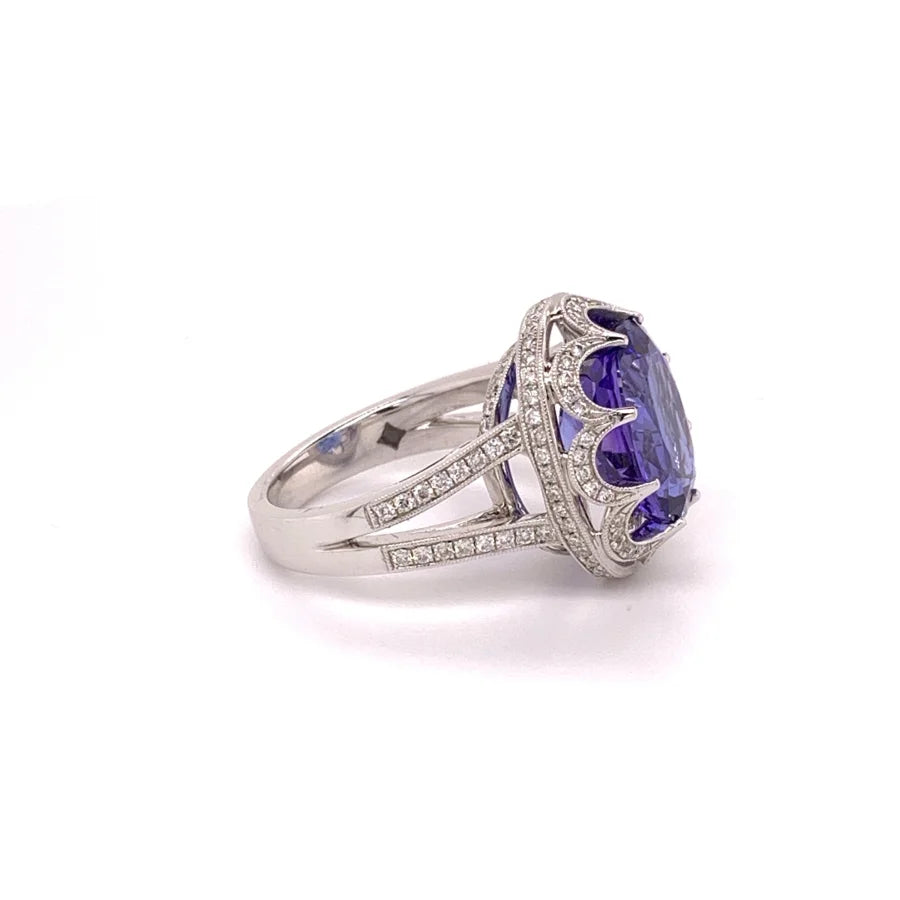 18K White Gold Oval Tanzanite and Round Diamond Ring -