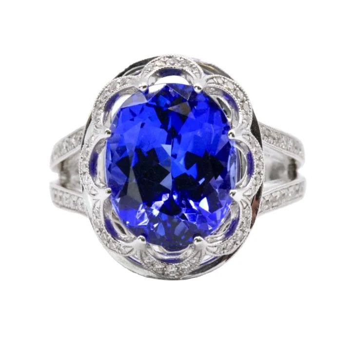18K White Gold Oval Tanzanite and Round Diamond Ring -