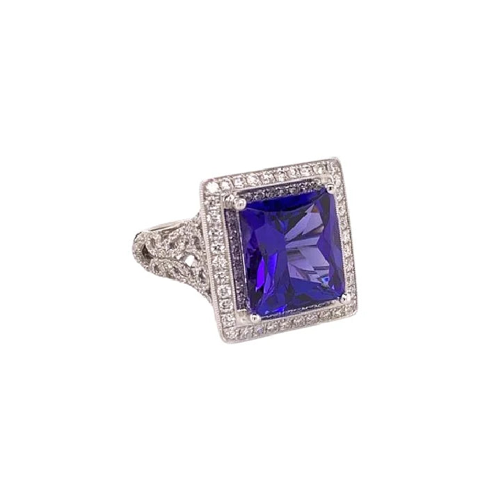 18K White Gold Princess Tanzanite and Diamond Halo Ring -