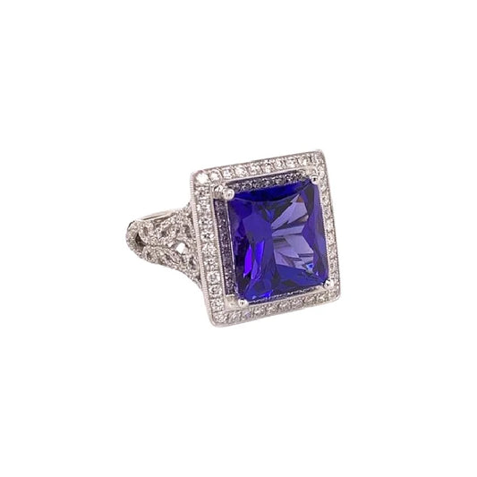 18K White Gold Princess Tanzanite and Diamond Halo Ring -