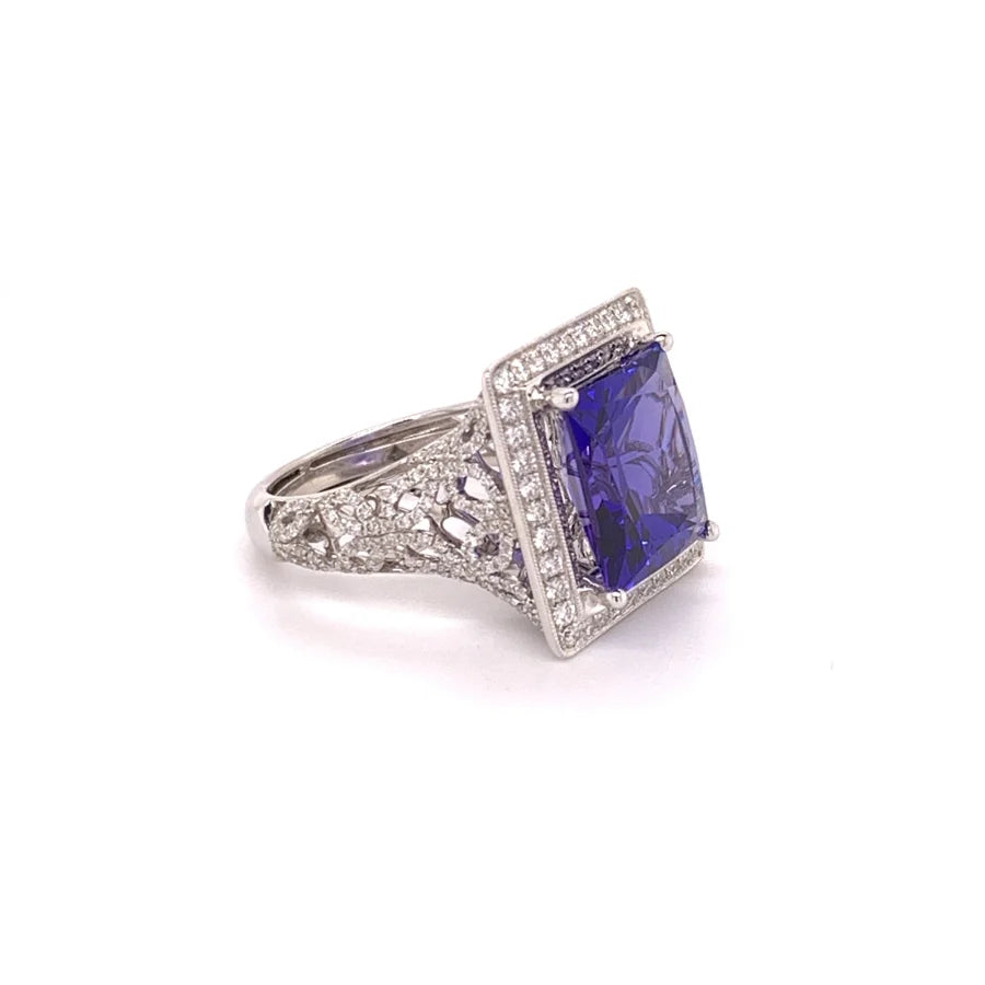 18K White Gold Princess Tanzanite and Diamond Halo Ring -