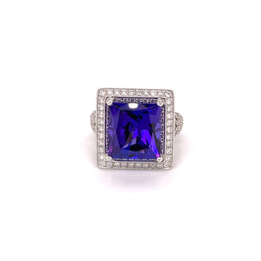 18K White Gold Princess Tanzanite and Diamond Halo Ring -