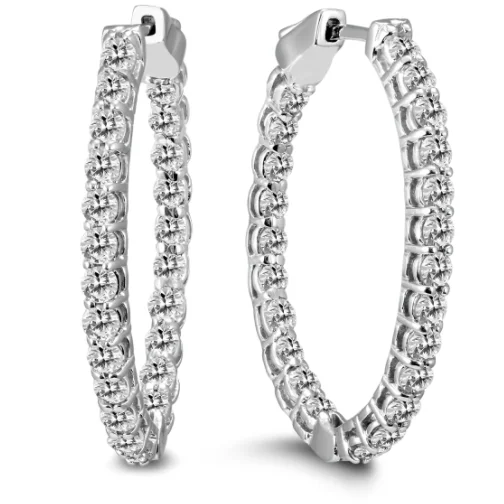 18K White Gold Round Brilliant Cut Diamond Hoops - Womens