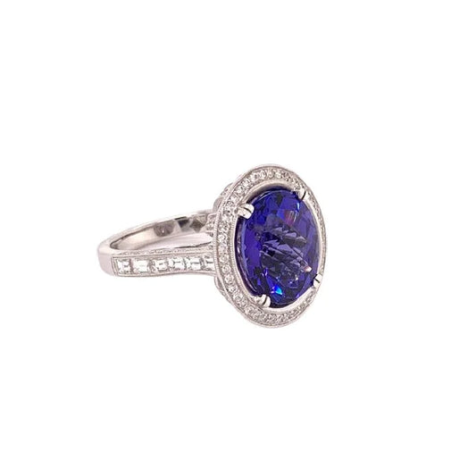 18K White Gold Tanzanite & Diamond Halo Ring - women’s ring