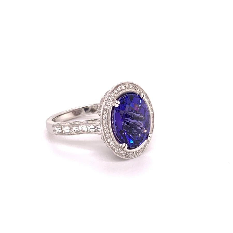 18K White Gold Tanzanite & Diamond Halo Ring - women’s ring