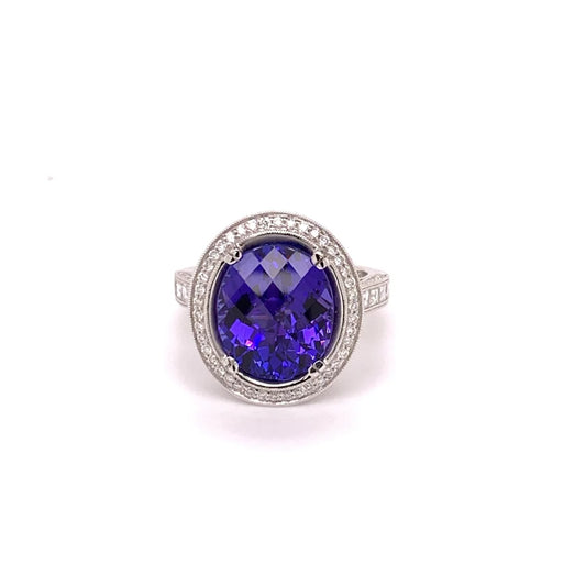 18K White Gold Tanzanite & Diamond Halo Ring - women’s ring