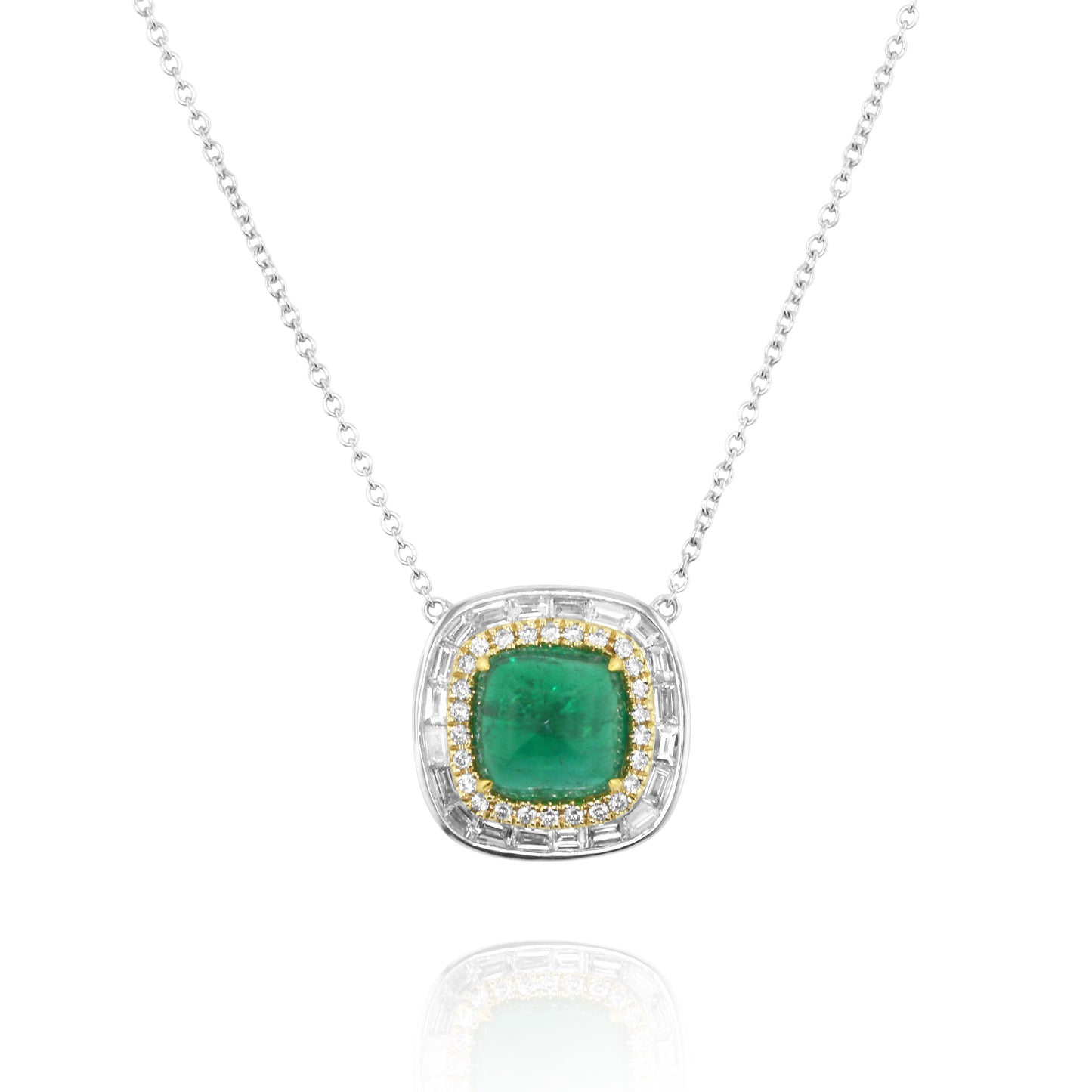 White and Yellow Gold Necklace with Cushion Emerald and Diamond Halo