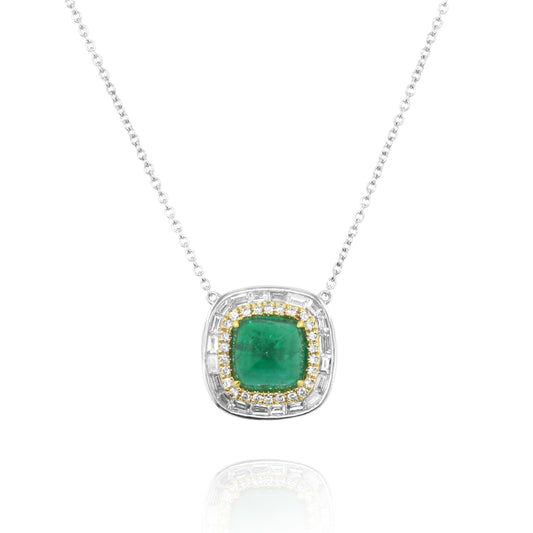 White and Yellow Gold Necklace with Cushion Emerald and Diamond Halo