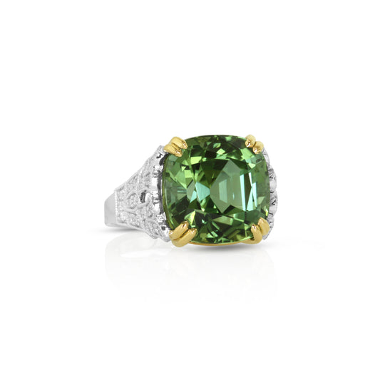 White and Yellow Gold Green Tourmaline Ring with Diamonds
