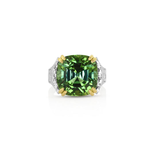 White and Yellow Gold Green Tourmaline Ring with Diamonds