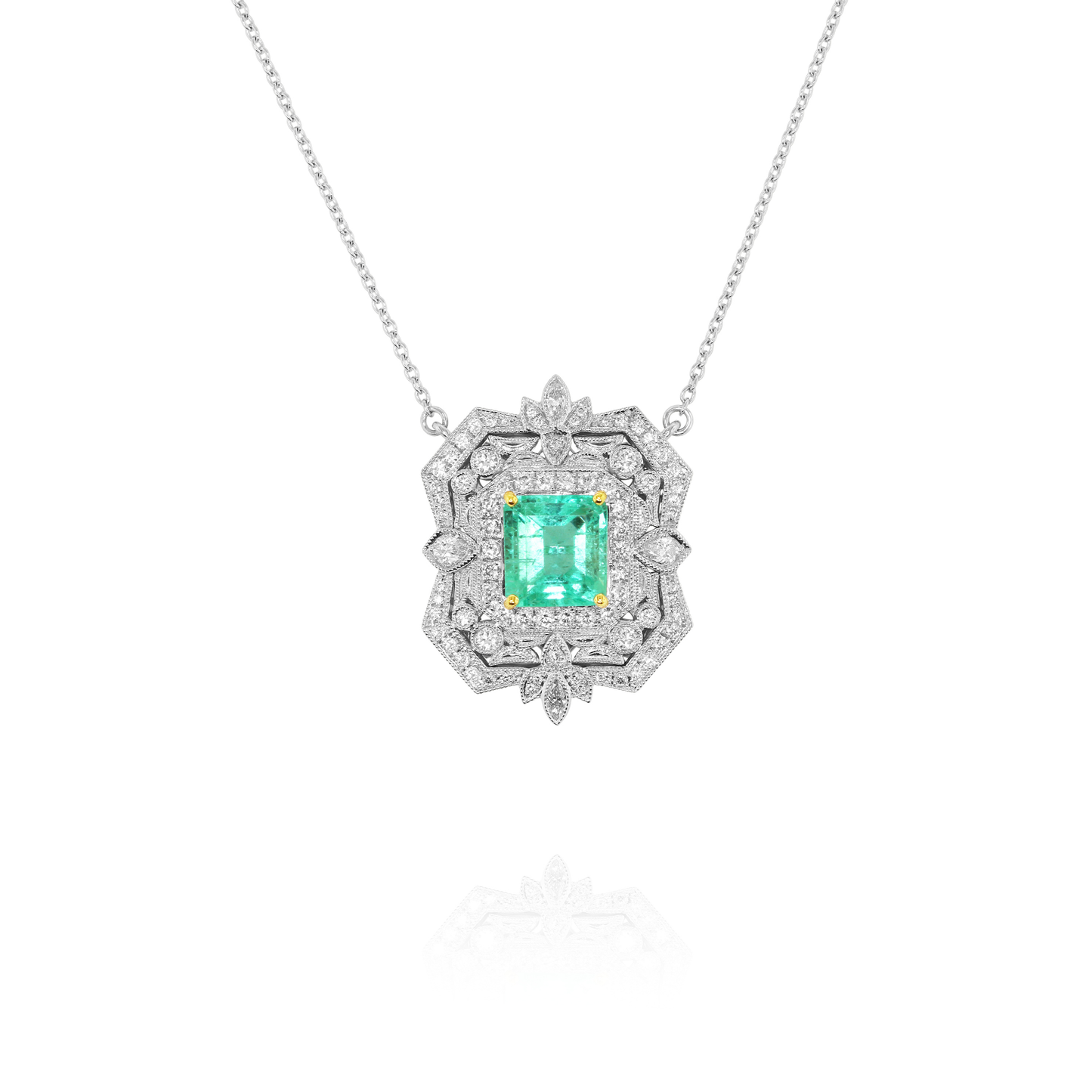 Emerald and Diamond Pendant in 18K White Gold