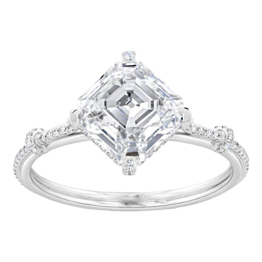 Platinum Asscher and Round Diamond Engagement Ring
