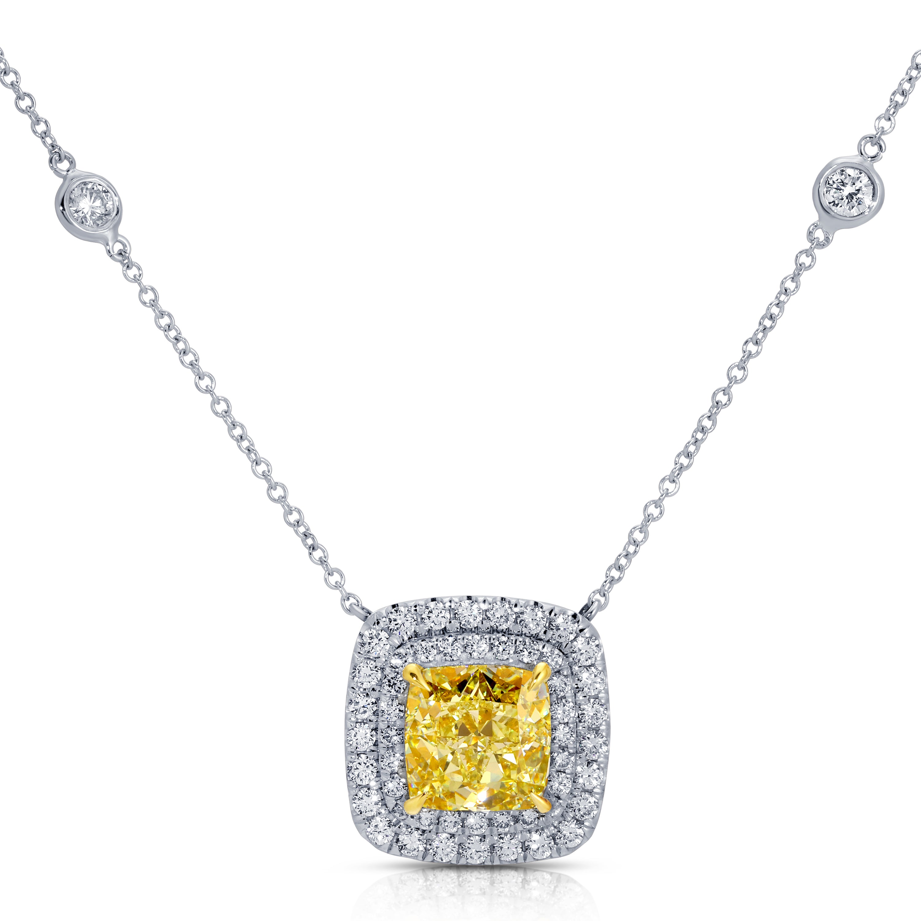 Cushion Cut Fancy Yellow Diamond Halo Pendant