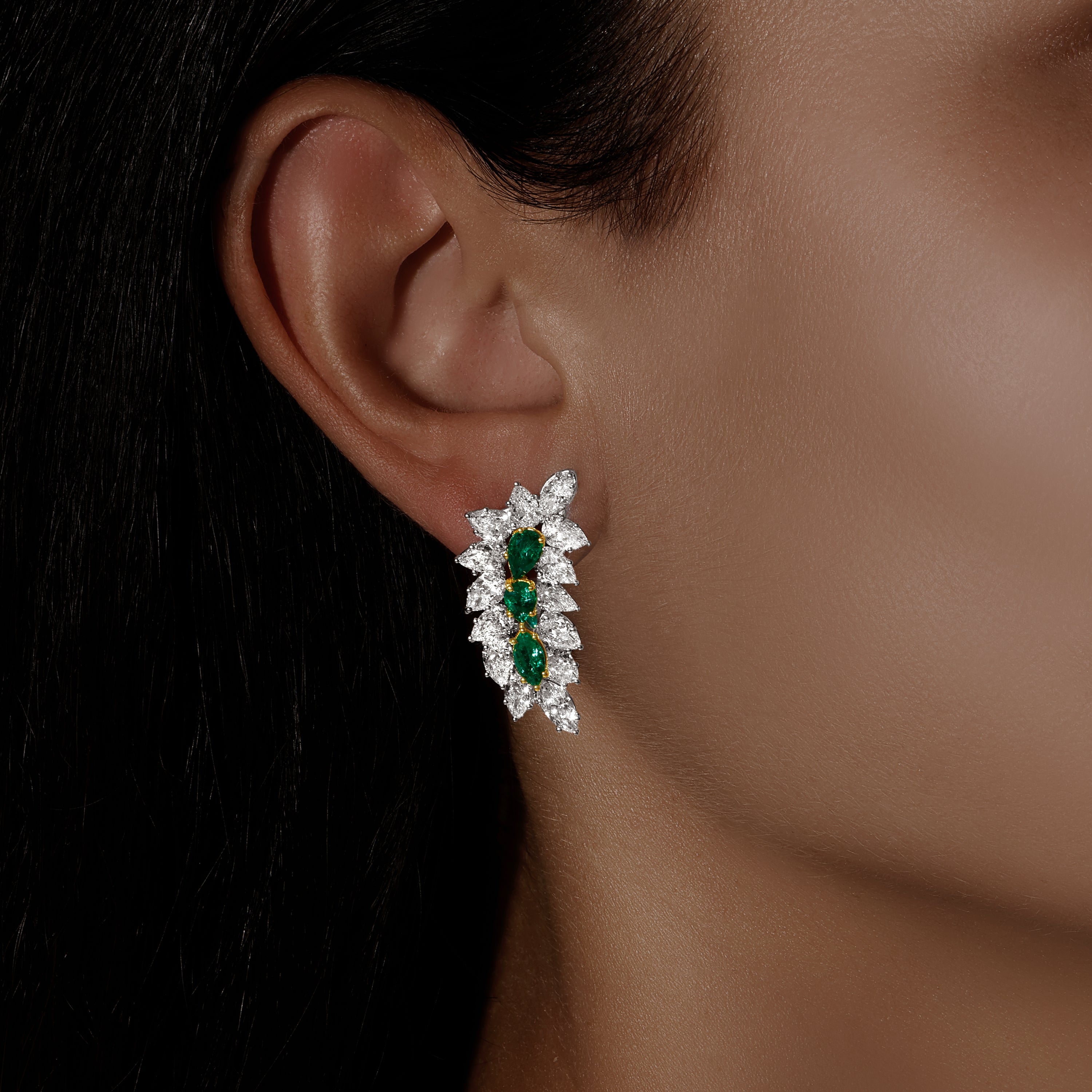 Green Emerald Pear Shape and Marquise Cut Diamond Climber Earrings