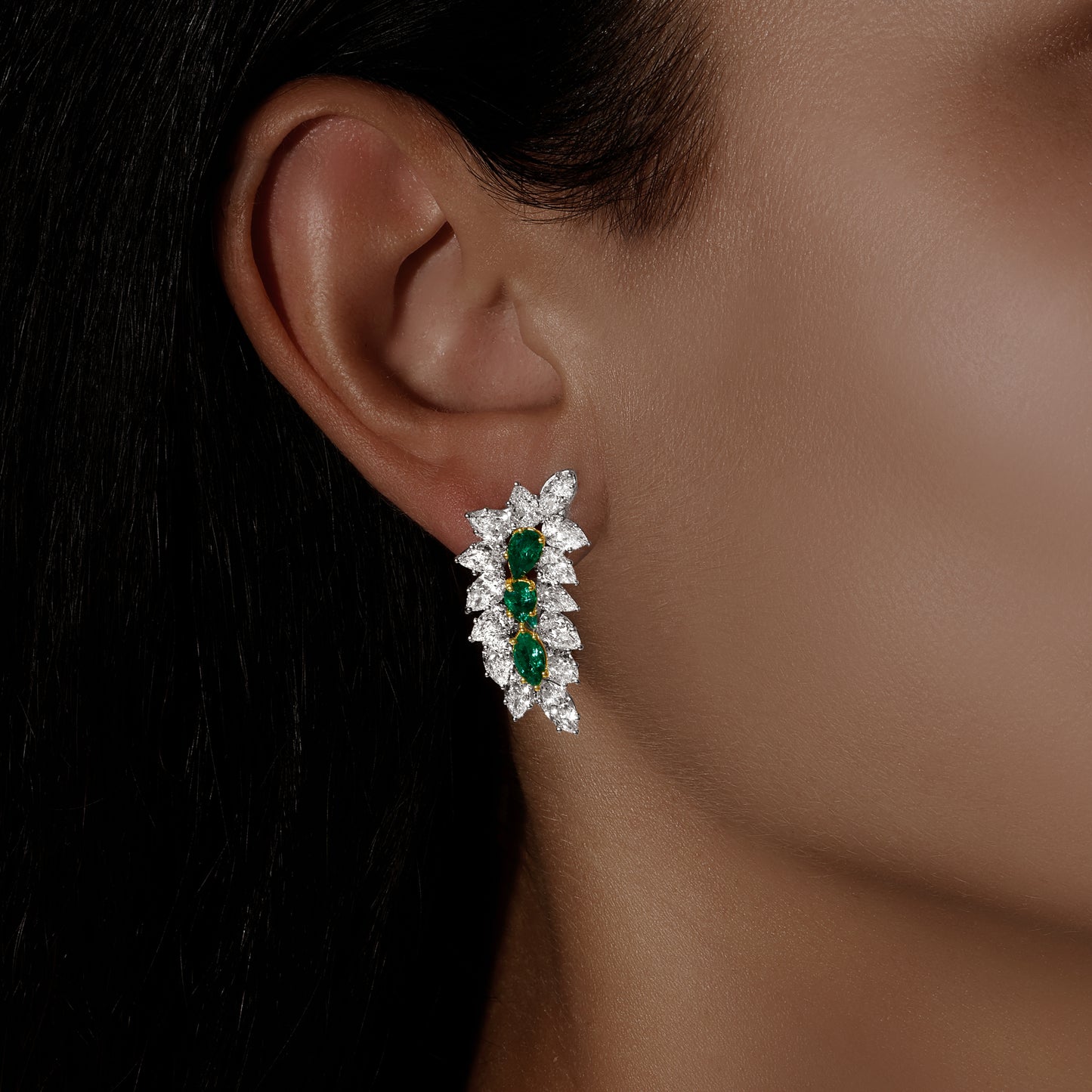 Green Emerald Pear Shape and Marquise Cut Diamond Climber Earrings