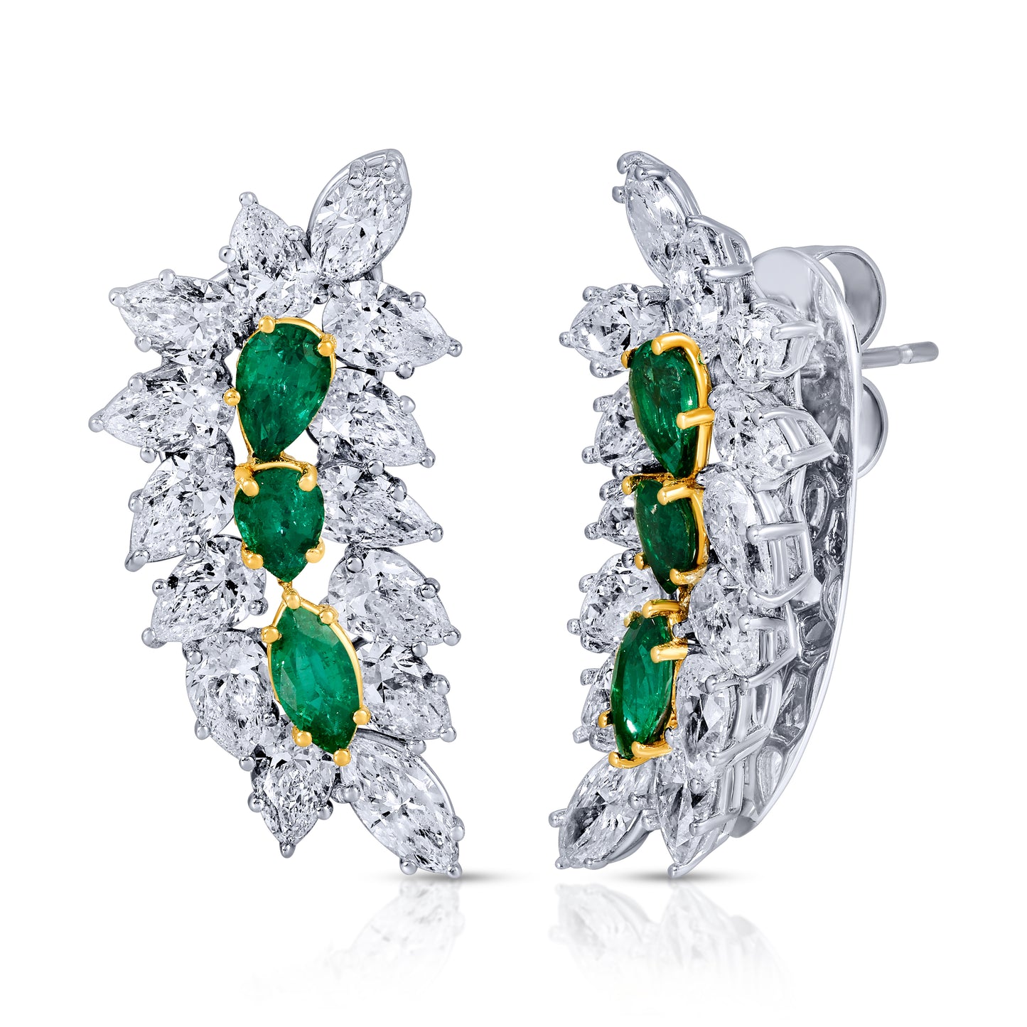 Green Emerald Pear Shape and Marquise Cut Diamond Climber Earrings