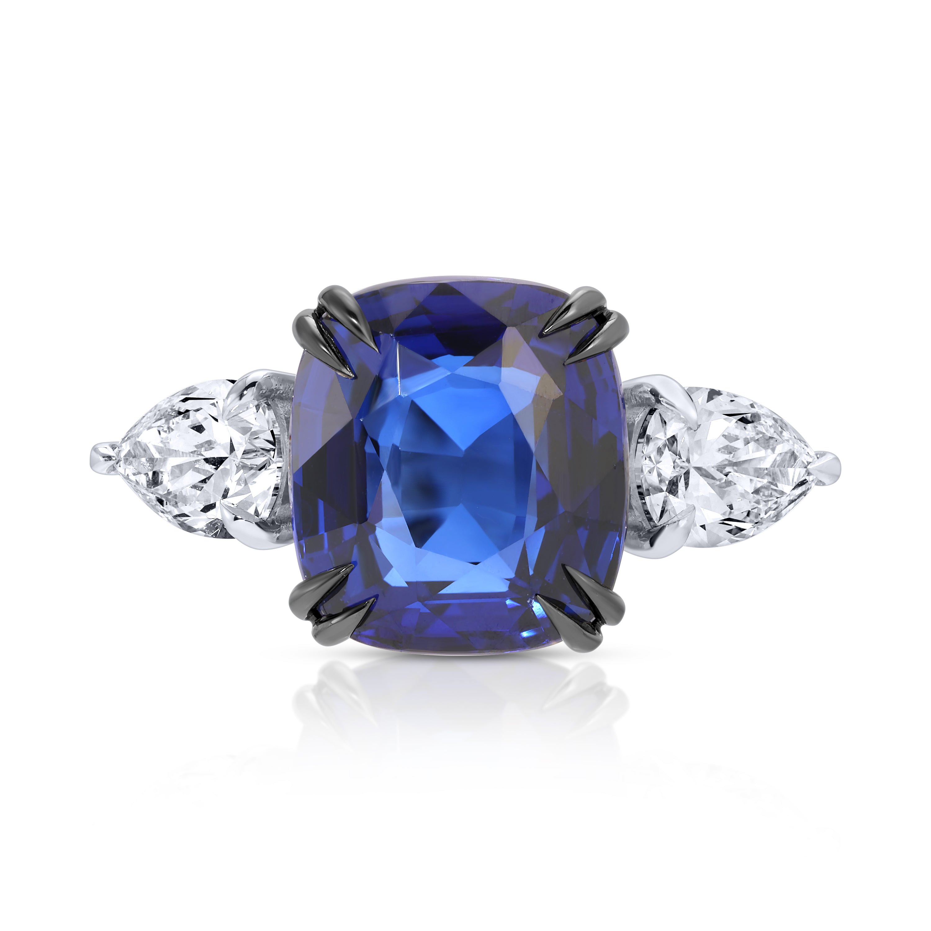 Cushion Cut Blue Sapphire and Pear Shape Diamond Ring