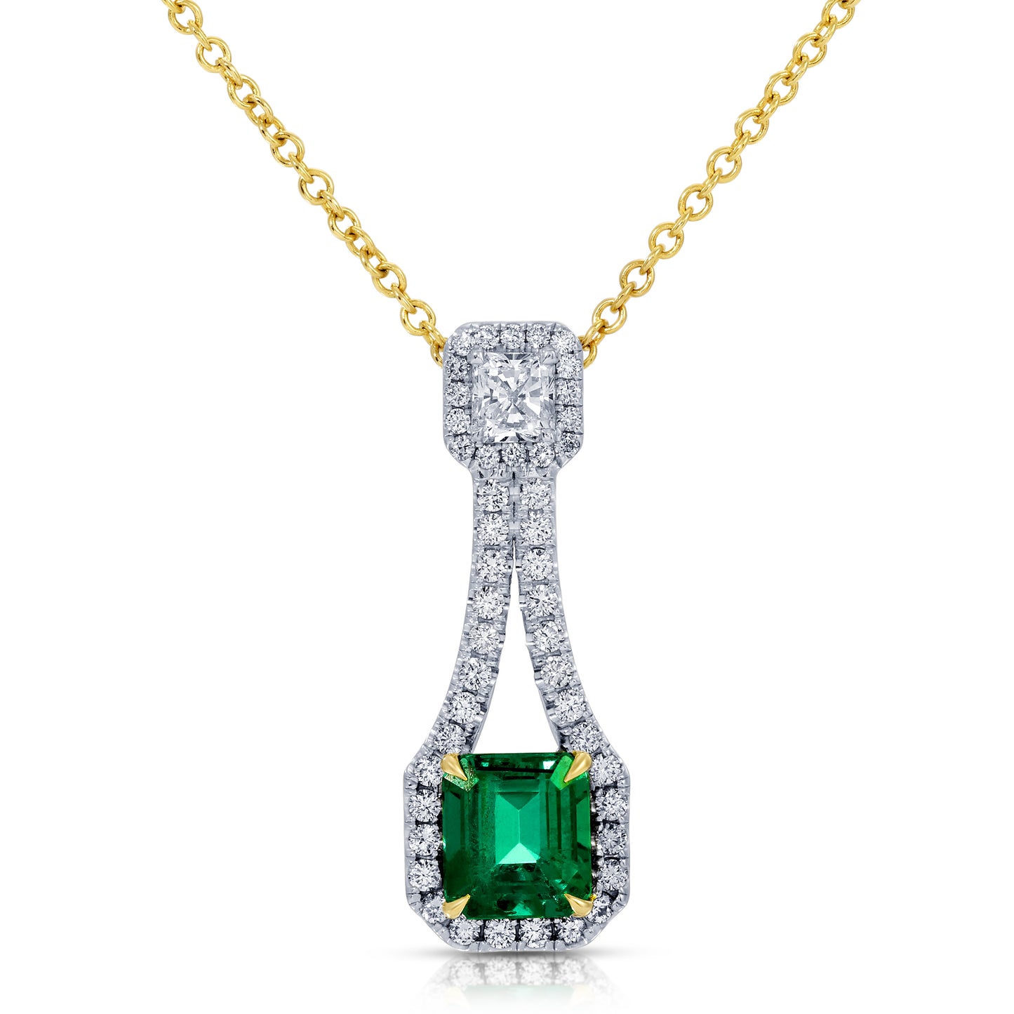 Emerald Cut Green Emerald and Cushion Cut Diamond Pendant