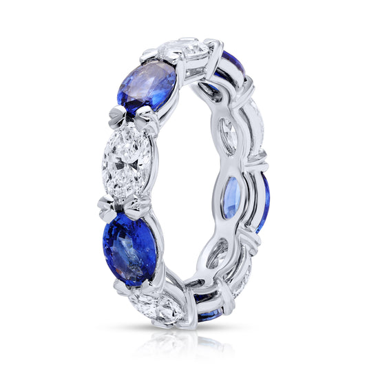 Oval Cut Blue Sapphire and Oval Diamond Eternity Band Ring