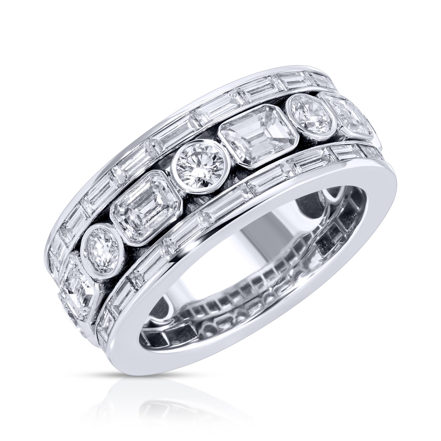Emerald, Round, and Baguette Cut Diamond Band Ring