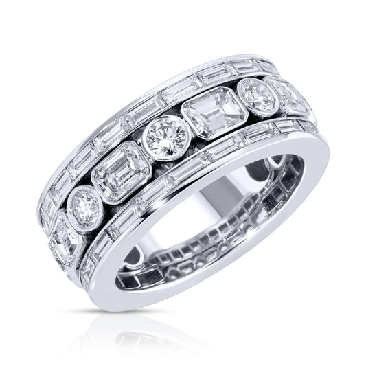 Emerald, Round, and Baguette Cut Diamond Band Ring