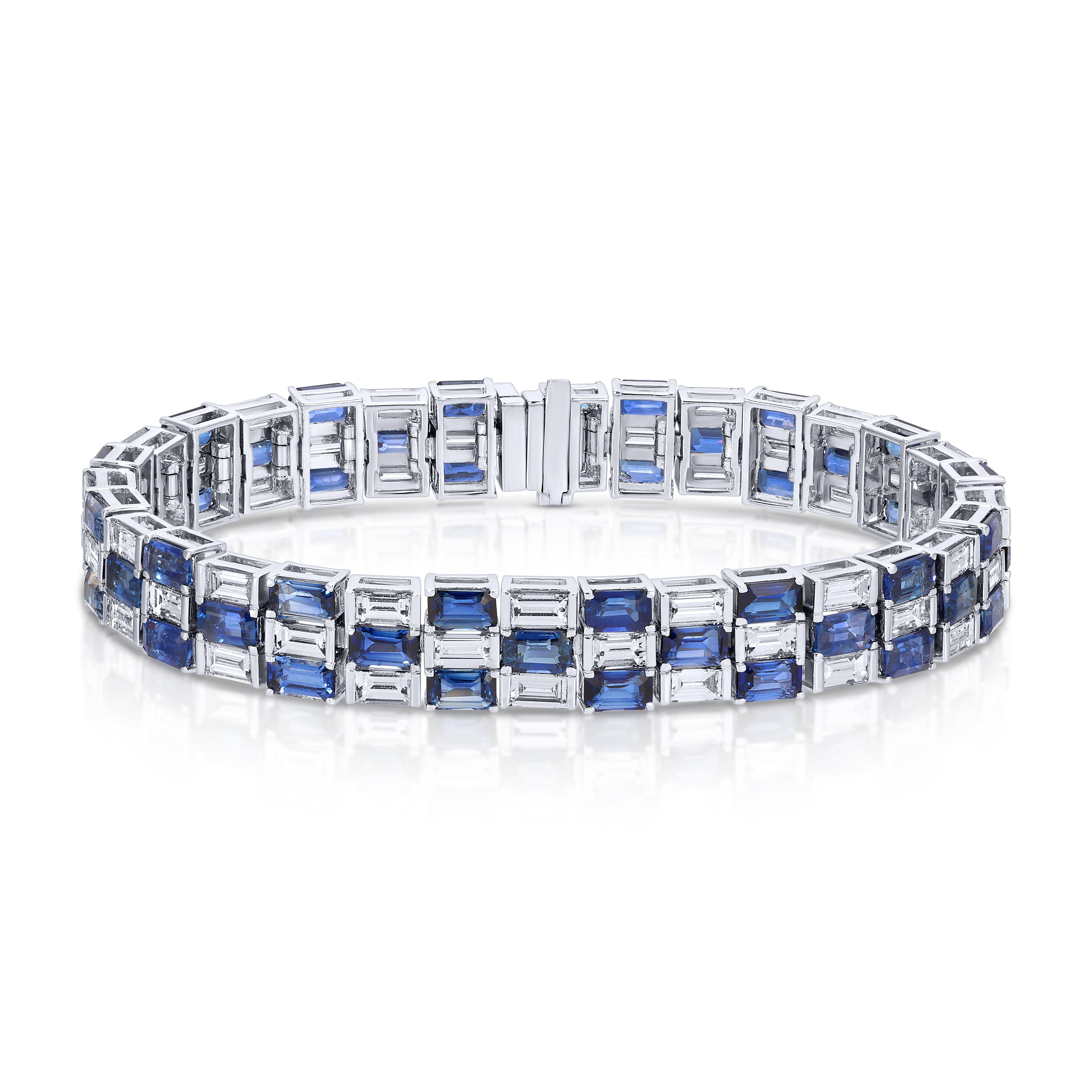 Emerald Cut Blue Sapphire and Baguette Diamond Tennis Bracelet