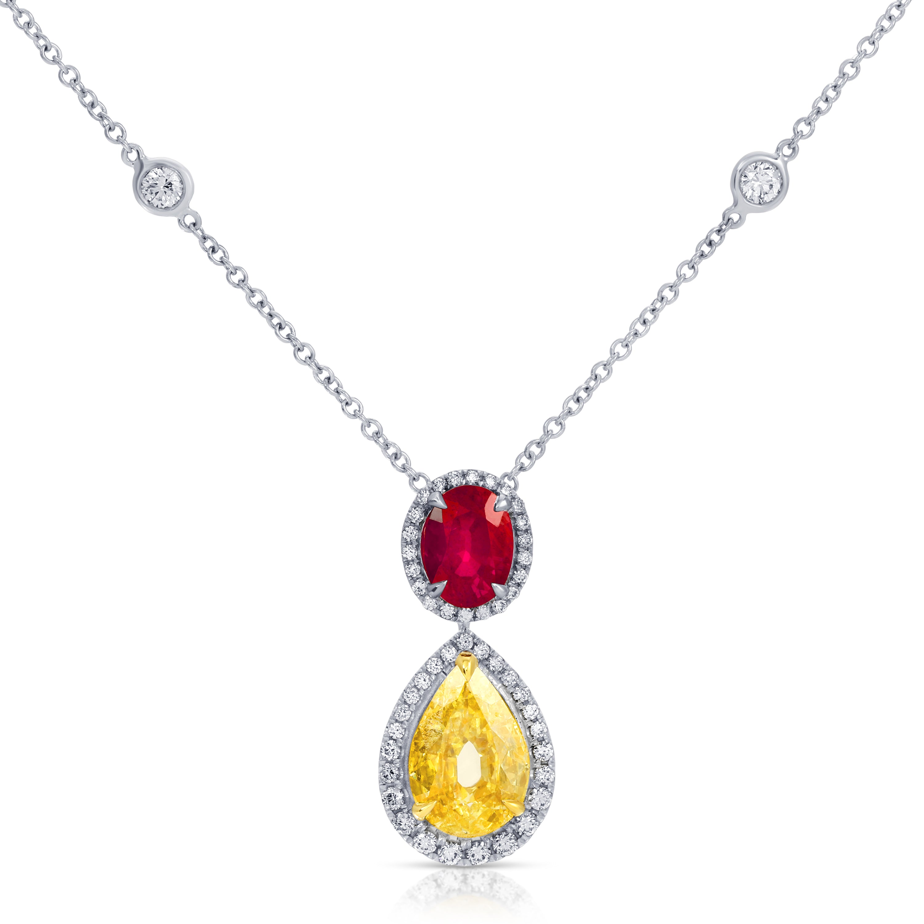 Pear Shape Fancy Yellow Diamond and Pigeon Blood Ruby Pendant