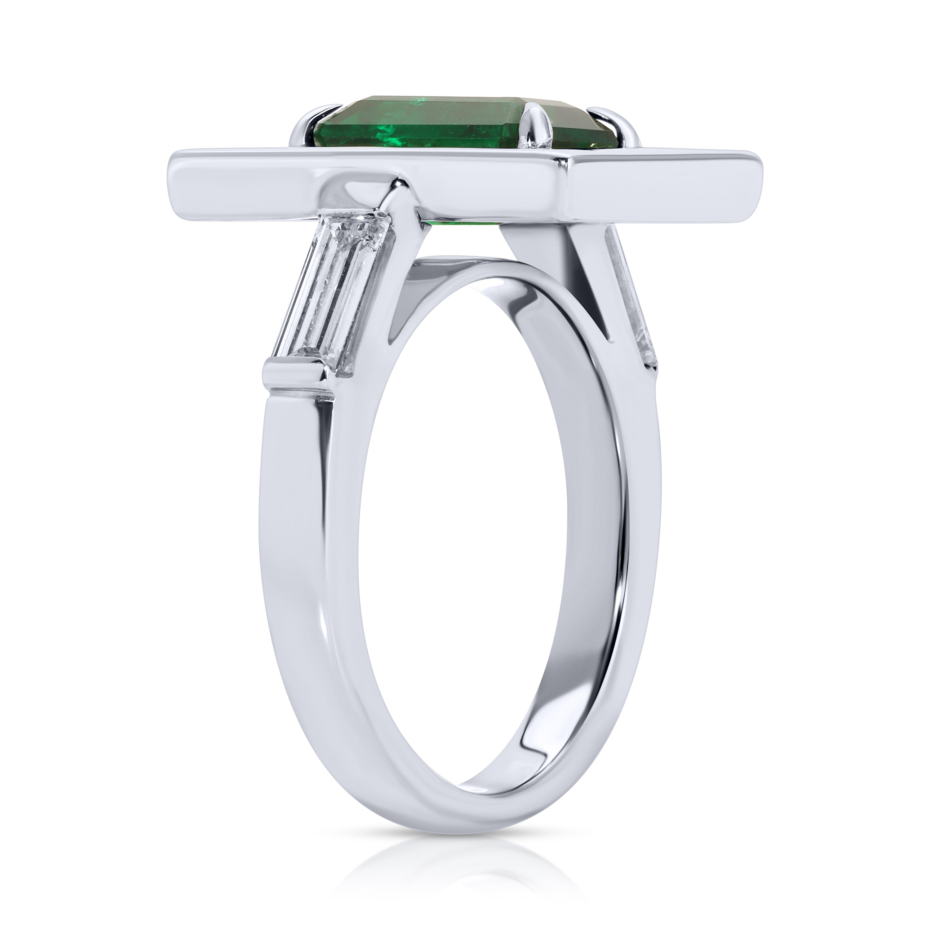 Emerlad Cut Green Emerald and Baguette Diamond Ring