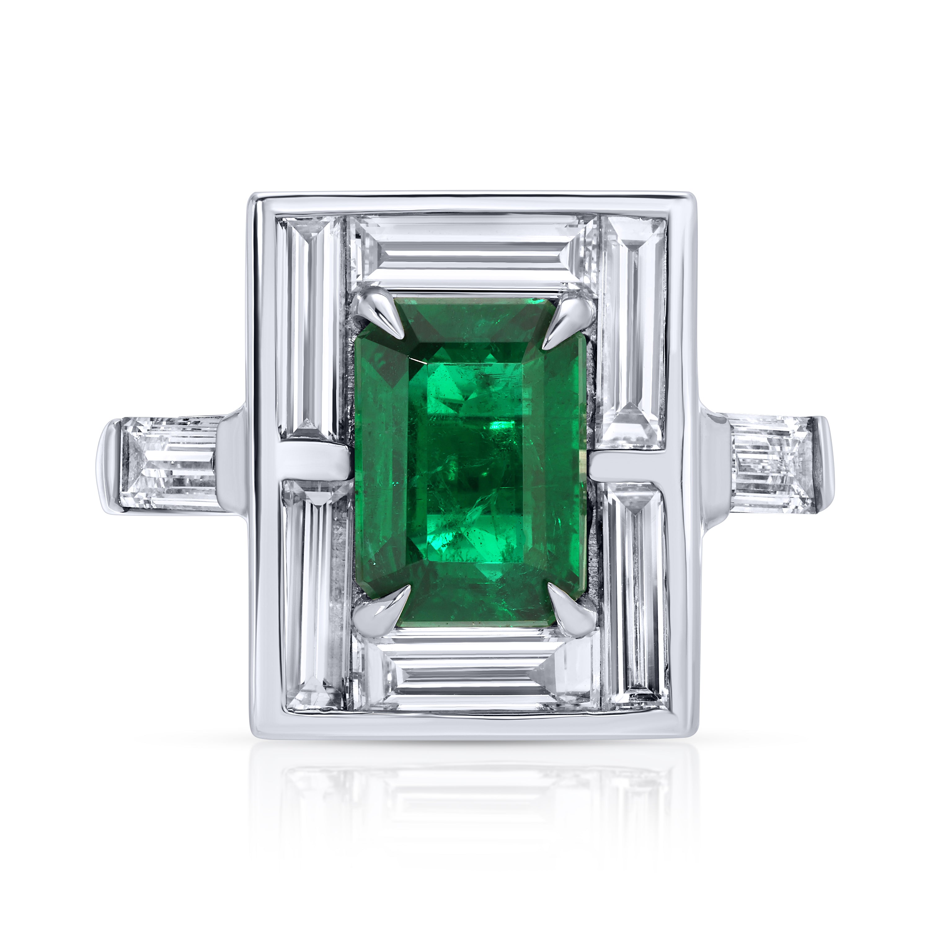 Emerlad Cut Green Emerald and Baguette Diamond Ring