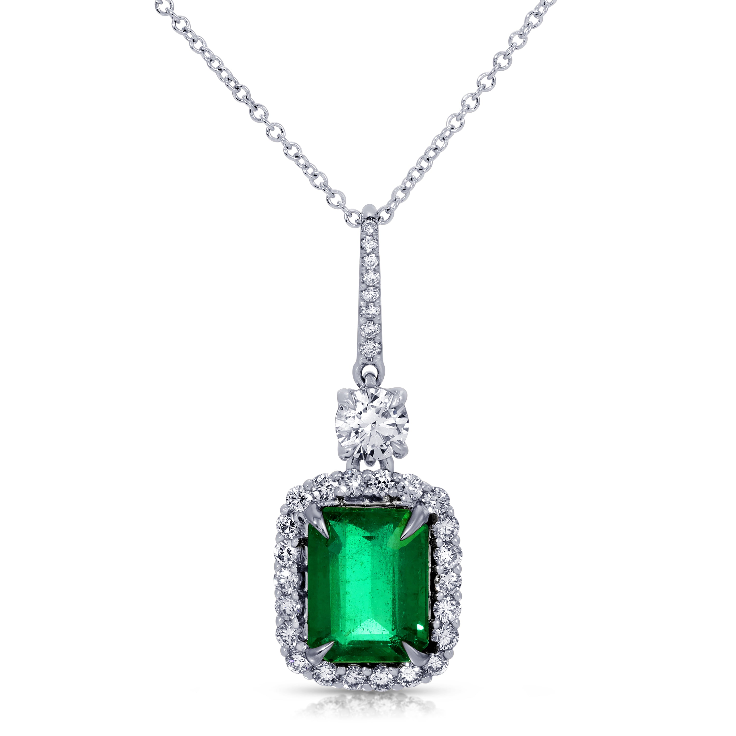 Emerald Cut Green Emerald and Round Diamond Pendant