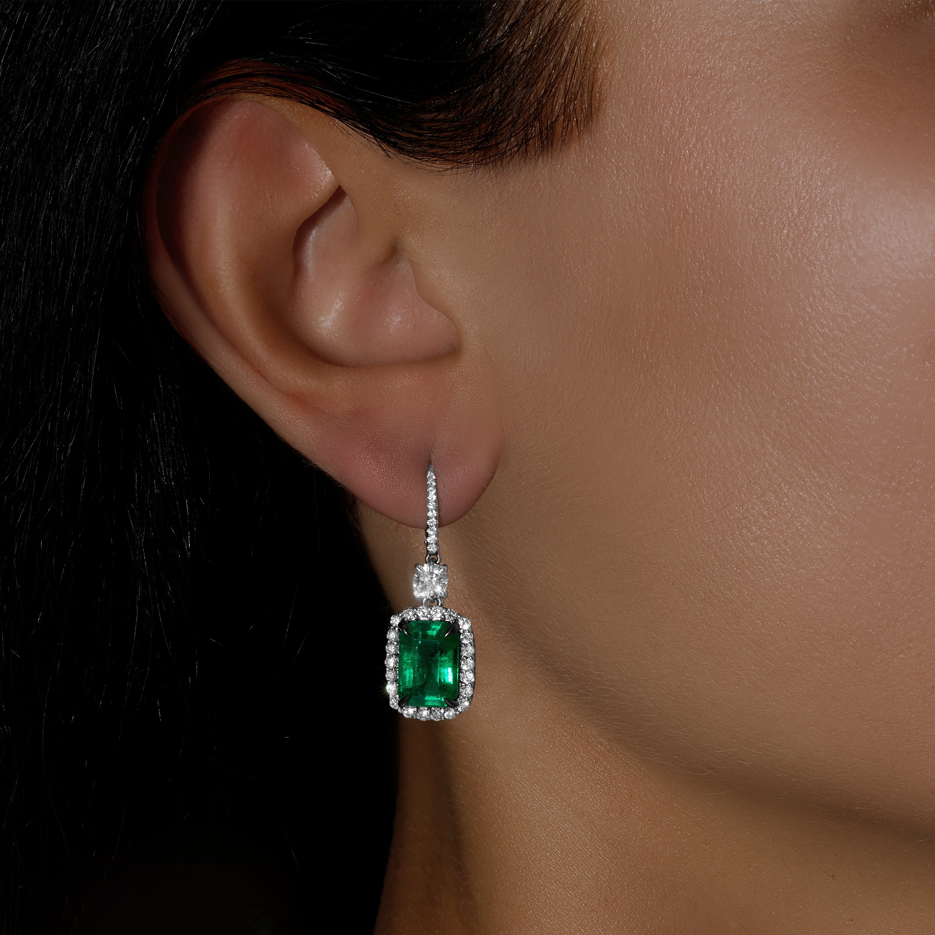 Emerald Cut Green Emerald and Round Diamond Dangle Earrings