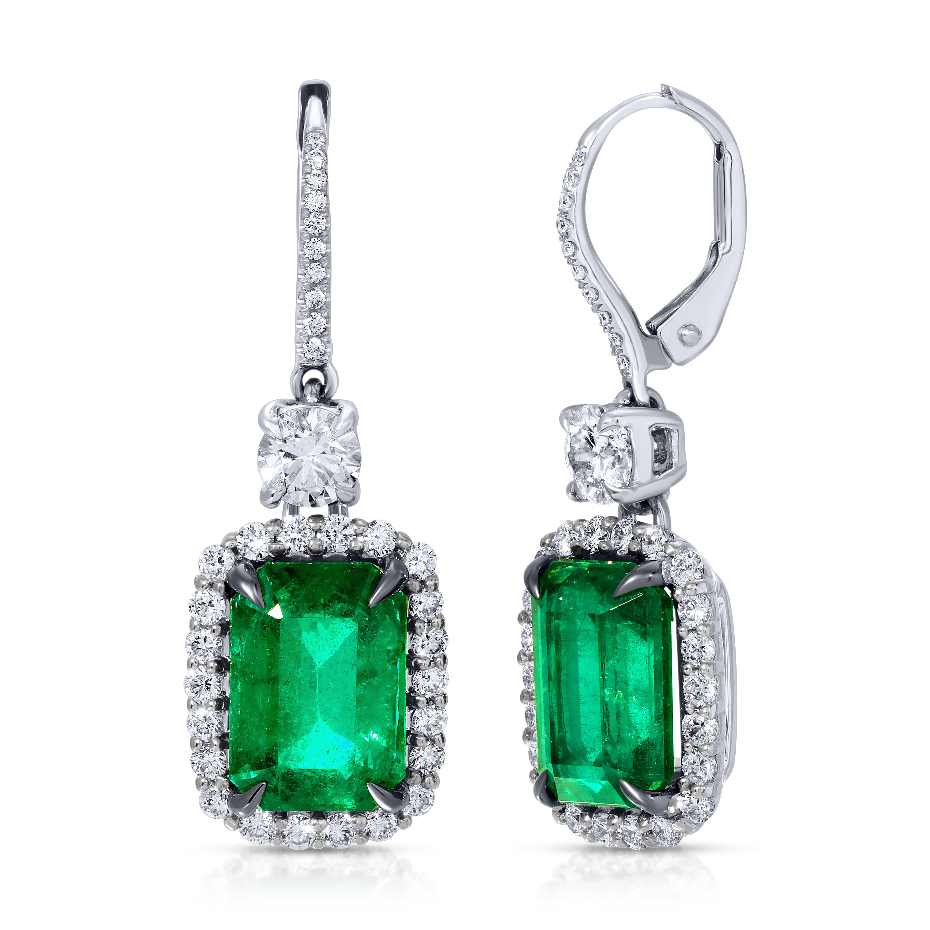 Emerald Cut Green Emerald and Round Diamond Dangle Earrings