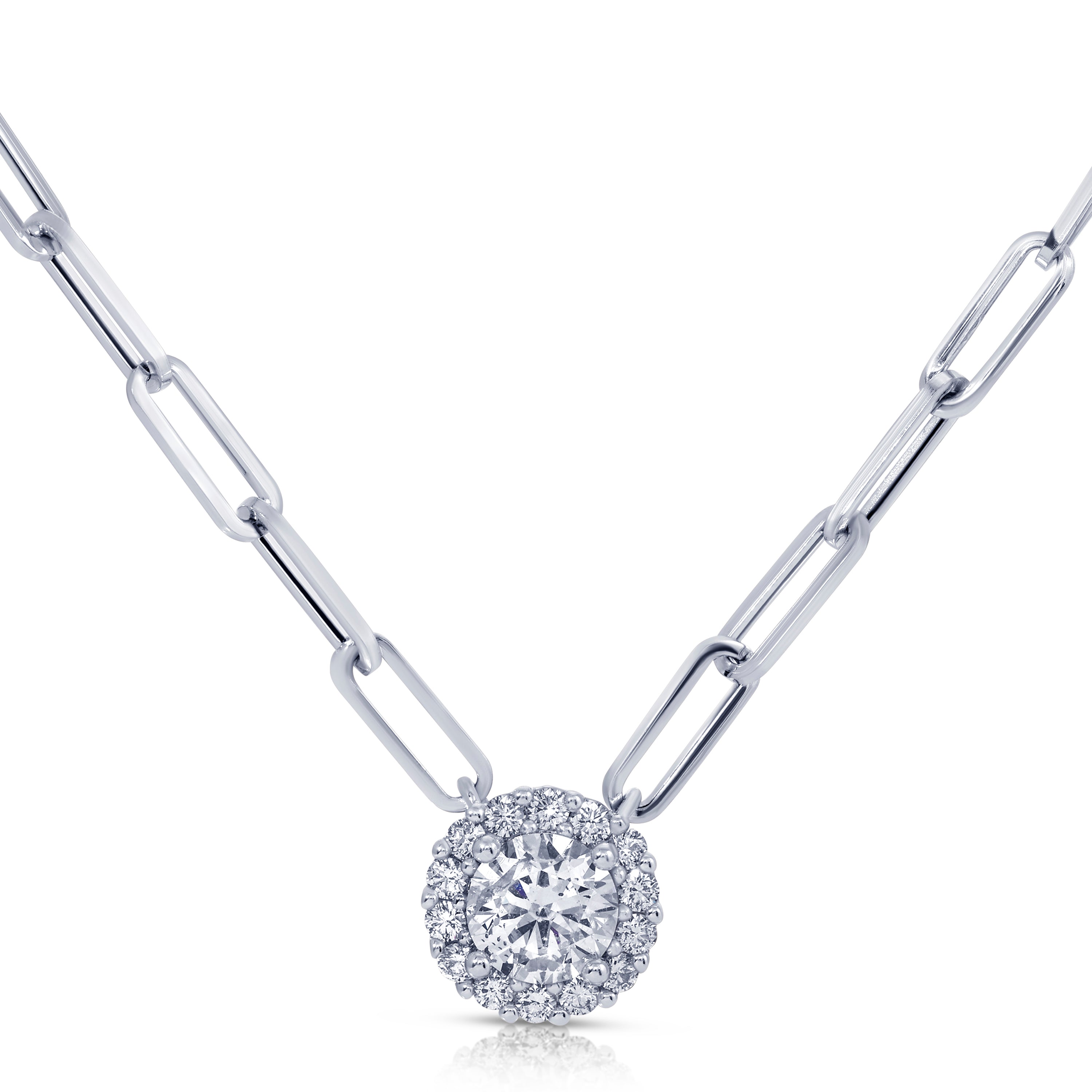 Round Cut Diamond and Halo Pendant on Paperclip Chain