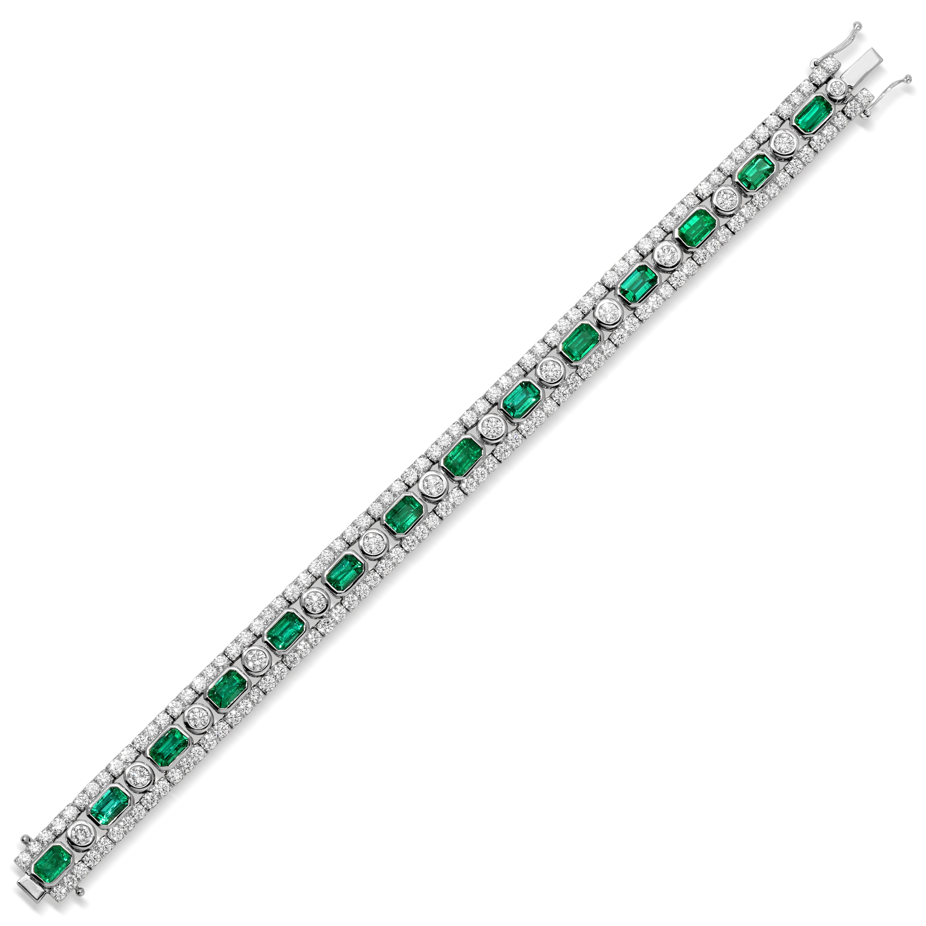 Emerald Cut Green Emerald and Round Diamond Bracelet