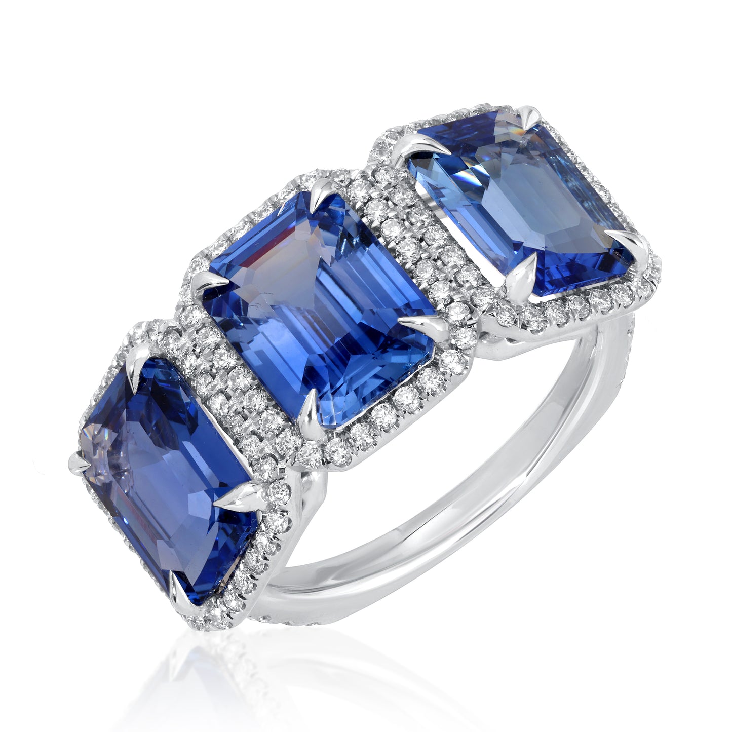 Emerald Cut Blue Sapphire and Diamond Three Stone Ring