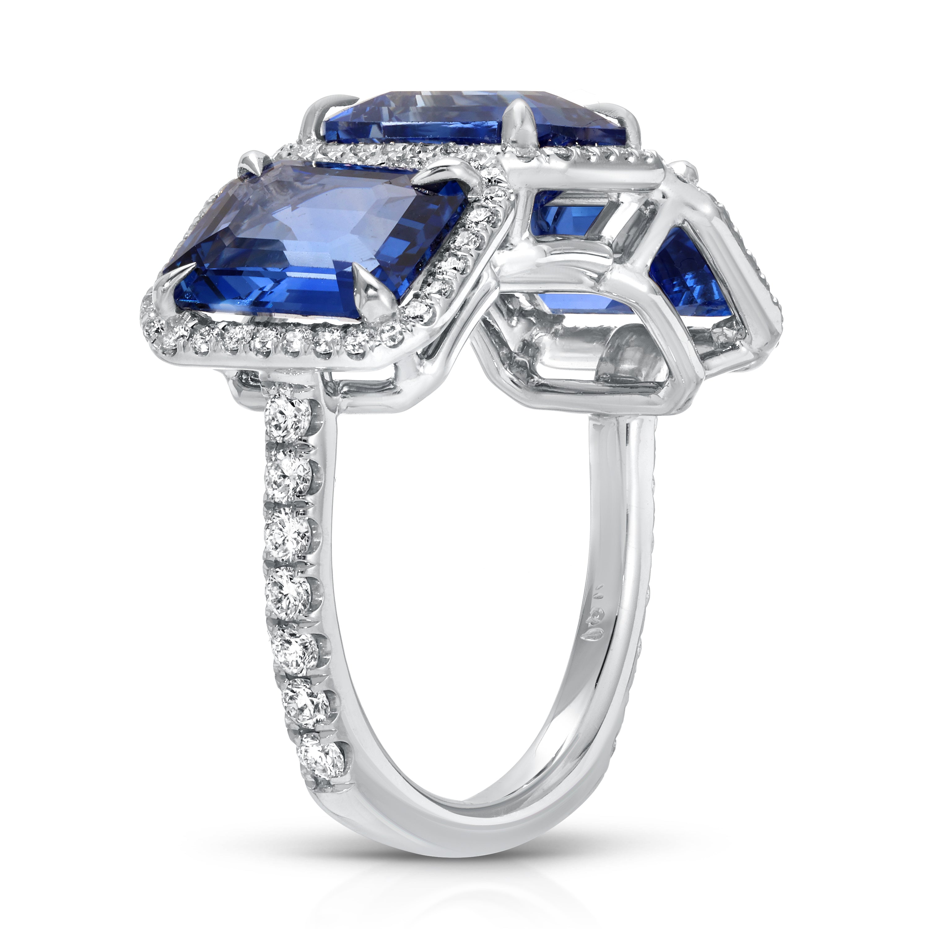 Emerald Cut Blue Sapphire and Diamond Three Stone Ring